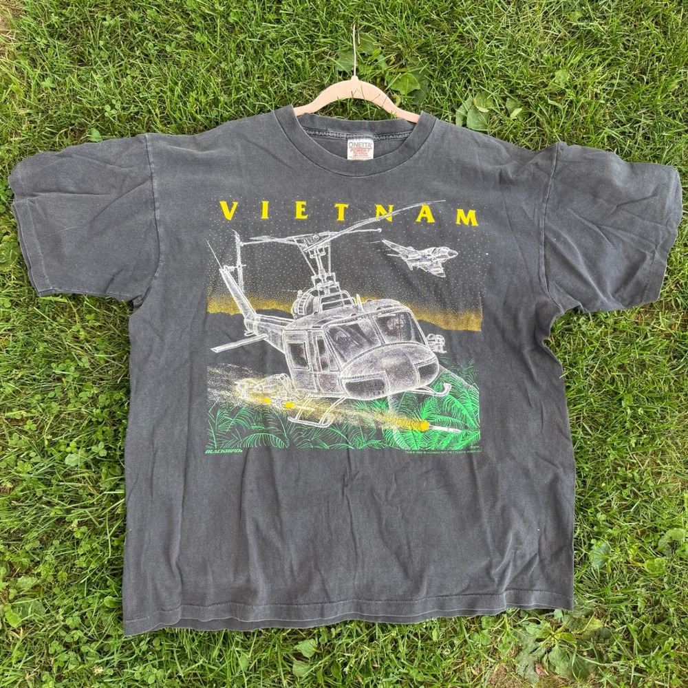 Oneita Vintage 1989 Vietnam Graphic T-Shirt XL Black Single Stitch Helicopter